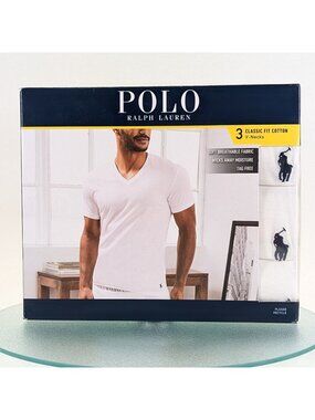 Polo Ralph Lauren Mens V Neck T Shirt Classic Fit White Moisture Wicking 3 Pack